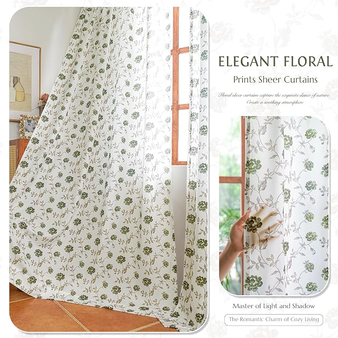 Beauoop Floral Sheer Curtains 72 Inches Long 2 Panels - Image 2