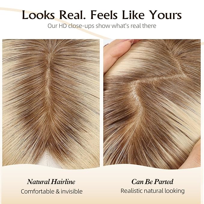 Large MONO Top Hair Toppers for Women Remy Human Hair 14 Inch 6"x7" Big Base Partial wig Cover Thinning Hair or Loss No Bangs Natural Wiglets(Light Blonde Mixed Brown)