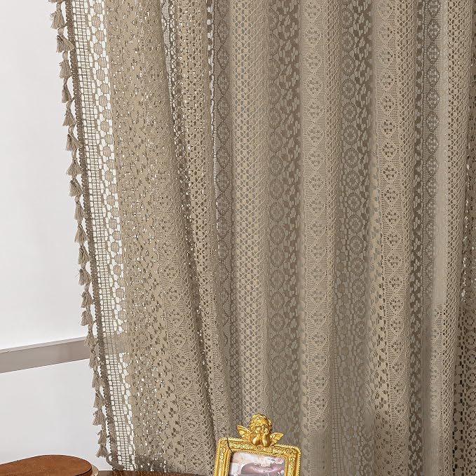 WAZZIO Boho Lace Curtains 45 Inches 2 Panel, Light Filtering Privacy Tassel & - Image 4