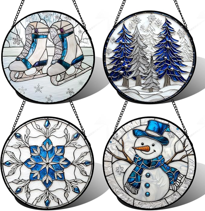 DASTOLL Stained Glass Window Hanging 4 Pcs Set White Winter Christmas Snow by DASTOLL