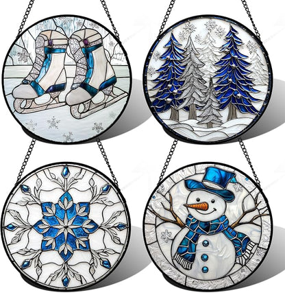 DASTOLL Stained Glass Window Hanging 4 Pcs Set White Winter Christmas Snow by DASTOLL