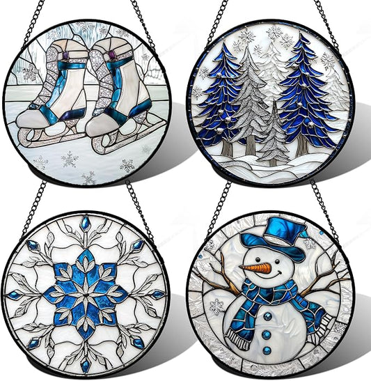 DASTOLL Stained Glass Window Hanging 4 Pcs Set White Winter Christmas Snow by DASTOLL