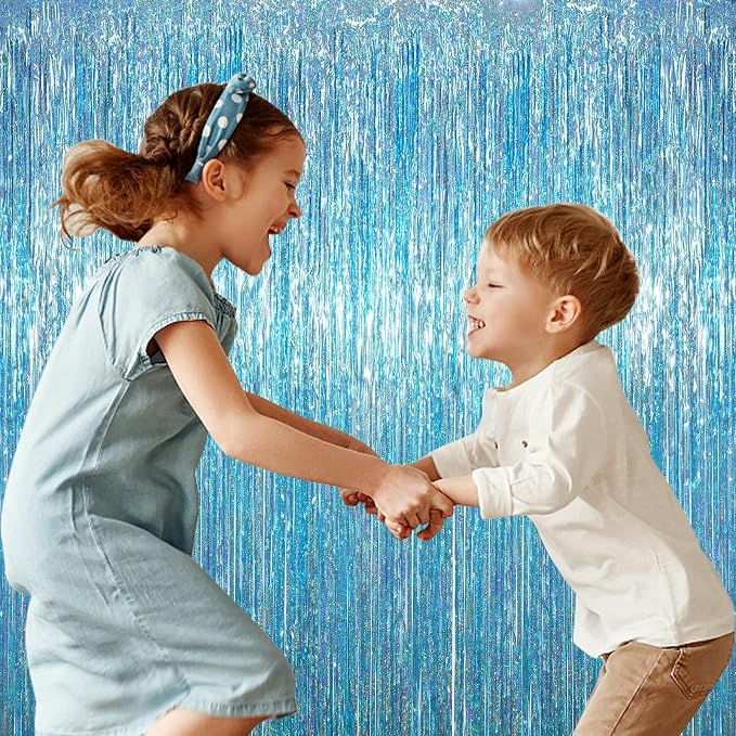 Voircoloria Light Blue Foil Fringe Backdrop Curtains, Birthday Party Decorations - Image 4