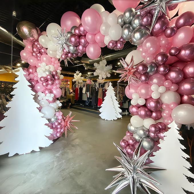 Pink Winter Wonderland Balloons, Metallic pink Silver and Snow Balloon - Image 4