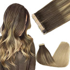 GOO GOO Tape in Hair Extensions Human Hair, 4/18 Balayage Chocolate Brown Highlighted Dirty Blonde, 16inch 100g 40pcs, Skin Weft Seamless Invisible, Silky Straight with Thick Ends, Remy Human Hair