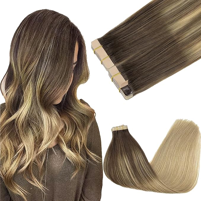 GOO GOO Tape in Hair Extensions Human Hair, 4/18 Balayage Chocolate Brown Highlighted Dirty Blonde, 18inch 100g 40pcs, Skin Weft Seamless Invisible, Silky Straight with Thick Ends, Remy Human Hair