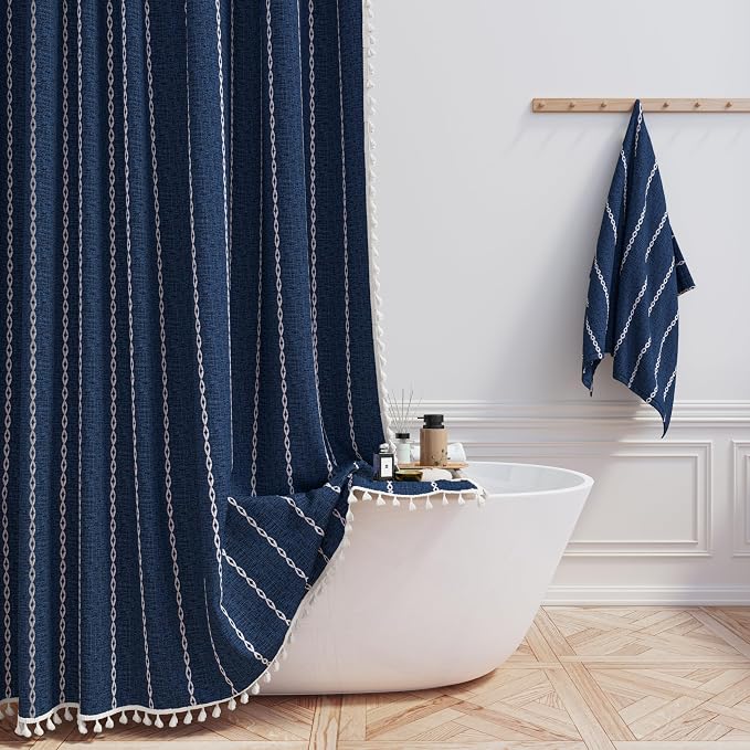 72x84 Long Boho Farmhouse Linen Heavy Duty Shower Curtain, 330GSM Linen Blend by ShowerCurtain