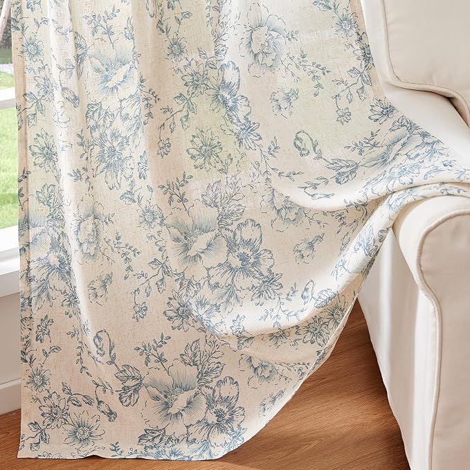 jinchan Blue Floral Linen Curtains 90 Inch Vintage Back Tab 2 Panels | Light - Image 5