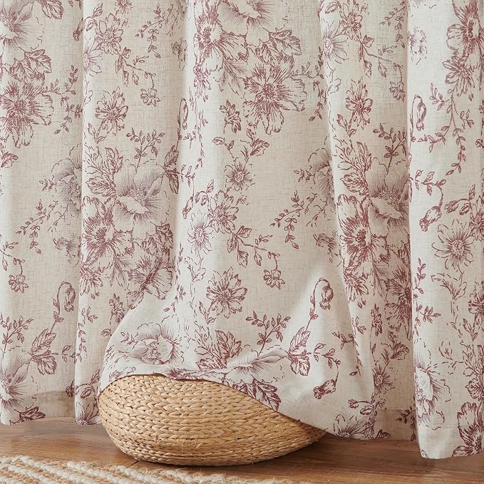 jinchan Red Floral Linen Curtains 108 Inch Farmhouse Back Tab 2 Panels | Light - Image 7