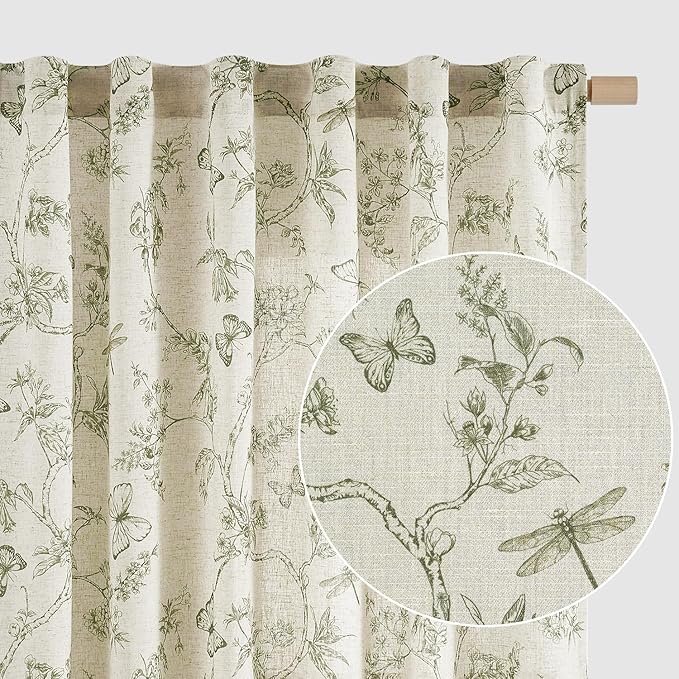 Green Floral Linen Curtains Farmhouse Rod Pocket 50W X 108L 2 Panels | by Lazzzy