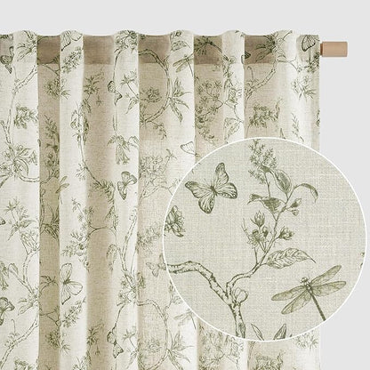 Green Floral Linen Curtains Farmhouse Rod Pocket 50W X 108L 2 Panels | by Lazzzy