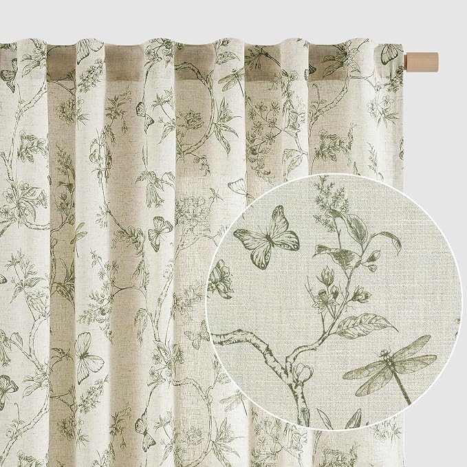 Green Floral Linen Curtains Farmhouse Rod Pocket 50W X 84L 2 Panels | Charlotte by Lazzzy