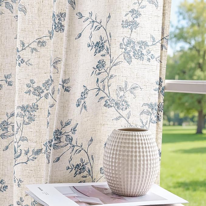 jinchan Blue Floral Linen Curtains 84 Inch Country Drapes Back Tab 2 Panels | - Image 8