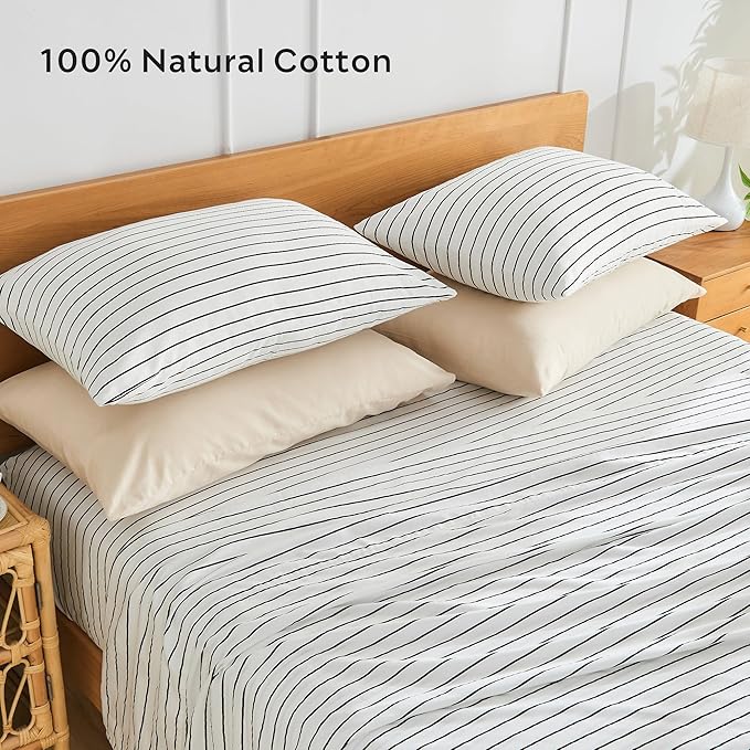 JELLYMONI 100% Natural Cotton Striped Standard Pillowcases Set, 2 Pack White with Thin Black Stripes Pattern Printed Pillow Covers with Envelope Closure (Pillows are not Included)