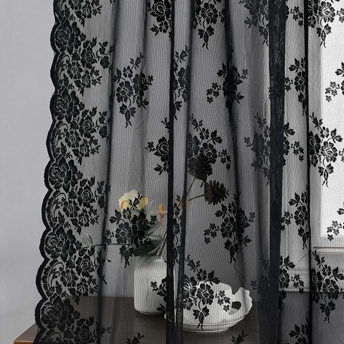 Kotile Black Lace Curtains for Bedroom Rustic Floral 42 x 72 Inch, 2 Panels | - Image 5