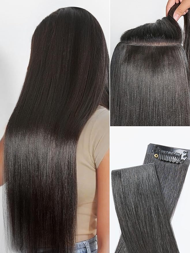 LUVME Invisible Clip in Hair Extensions, Yaki Straight Real Human Hair 24 Inch 2 Pack 220g 12pcs Clip ins Hair Extensions Natural Black for Women
