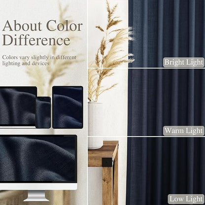 Navy Blue Linen Blend Drapes 84 Inch Length 2 Panels Set Back Tab Rod Pocket - Image 4