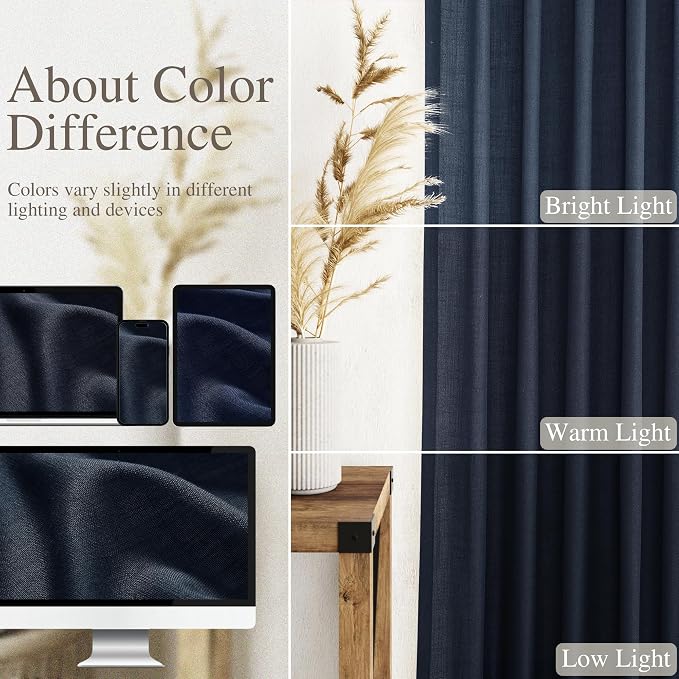 Navy Blue Linen Textured 96 Inch Curtains 2 Panel Set Back Tab Rod Pocket Semi - Image 4