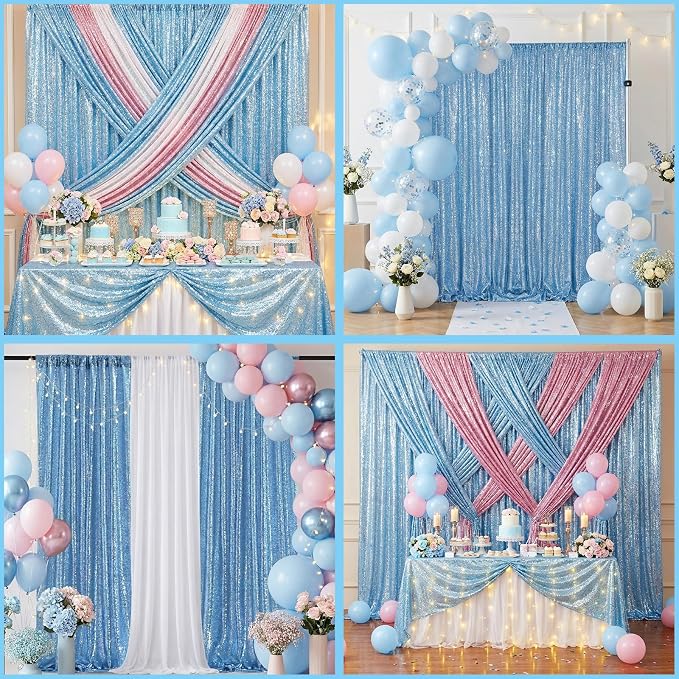 Baby Blue Sequin Backdrop Curtains 2 Pcs 3.3ftx8ft Sparkle Backdrop Fabric | - Image 3