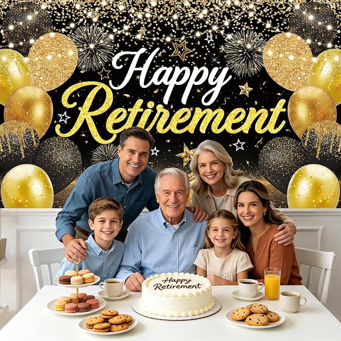 Large Black Gold Happy Retirement Decorations Banner - Image 6