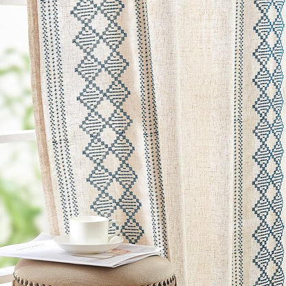 jinchan Floral Linen Curtains Embroidered Back Tab 50x96in 2 Panels Blue | by JINCHAN