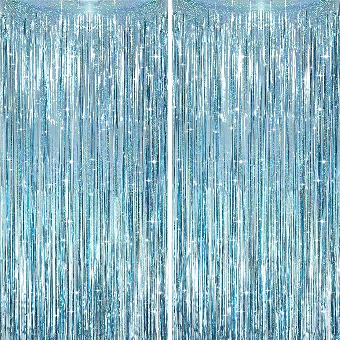 Voircoloria 2 Pack Laser Light Blue Foil Fringe Curtains, Tinsel Streamers by Voircoloria