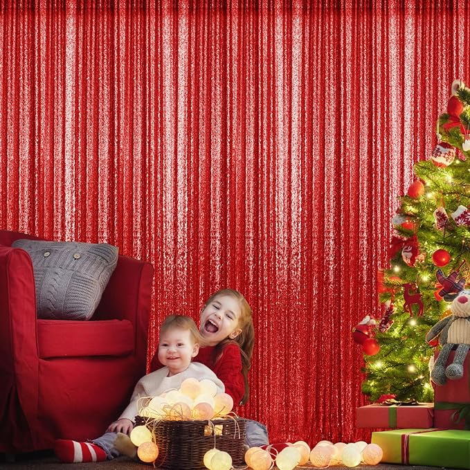 2×8FT-2PCS Red Sequin Backdrop Curtains Panels, Photography Backdrop Glitter - Image 3