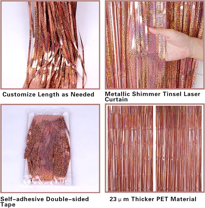 2 Pack 3.2ft x 8.2ft Rose Gold Foil Fringe Curtain Backdrop, Metallic Tinsel - Image 5