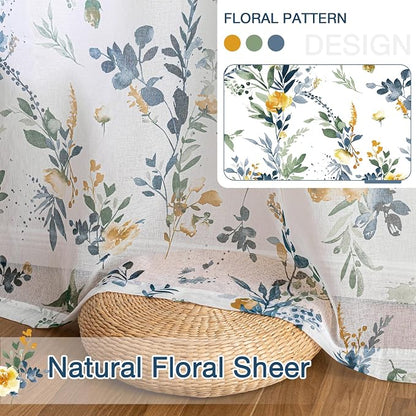 MYSKY HOME Yellow and Blue Sheer Floral Curtains 90 Inch Length 2 Panels | - Image 6