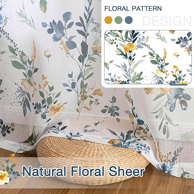MYSKY HOME Yellow and Blue Sheer Floral Curtains 84 Inch Length 2 Panels | - Image 6