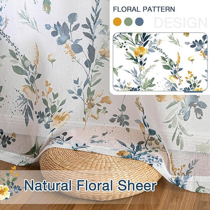 MYSKY HOME Yellow and Blue Sheer Floral Curtains 84 Inch Length 2 Panels | - Image 6