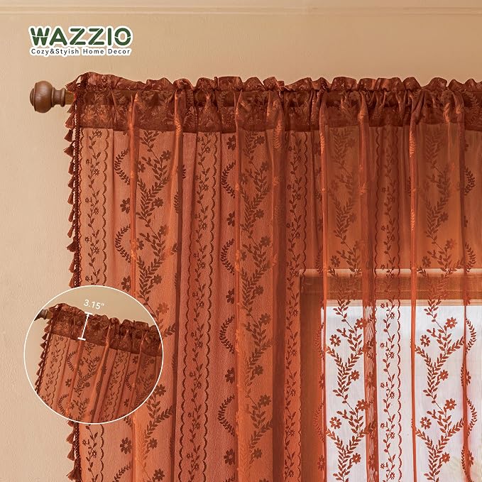WAZZIO Boho Lace Curtains 80 Inch 2 Panels-Vintage Sheer Panel Drape Floral - Image 5