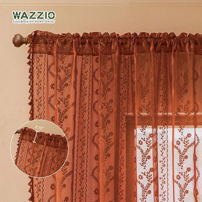 WAZZIO Boho Lace Curtains 80 Inch 2 Panels-Vintage Sheer Panel Drape Floral - Image 5