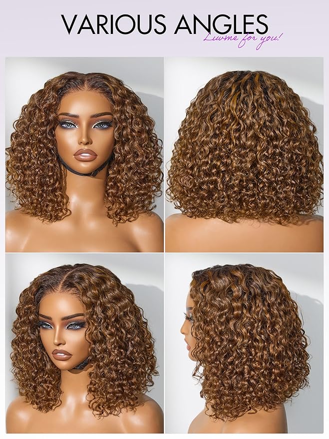 LUVME HAIR 5X5 Deep Curly 12 Inch 100% Human Hair Wigs Curly Deep Wave Glueless Lace Front 12 Inches, Pre Cut Plucked Hd Lace Short Wig Ready To Go Mix Brown Color Straight Bleached Knots Black Wigs