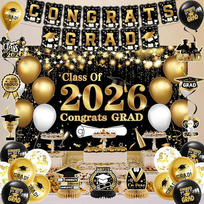 DARUNAXY Black Gold Graduation Party Decorations, 2026 Congrats Grad Honeycomb - Image 7