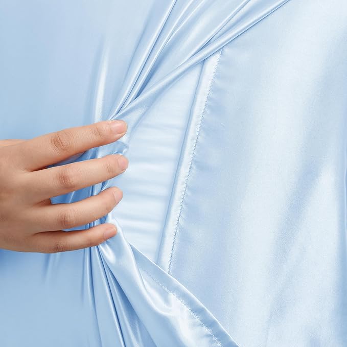 Light Blue Satin Pillowcase Queen Size Set of 2 for Hair and Skin, Light Blue Silk Pillowcase Breathable Pillowcase with Envelope Closure