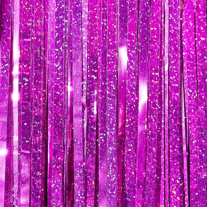 PartyWoo Hot Pink Foil Fringe Curtain Red Rose Tinsel Streamers 3pcs 8.2FT | - Image 2