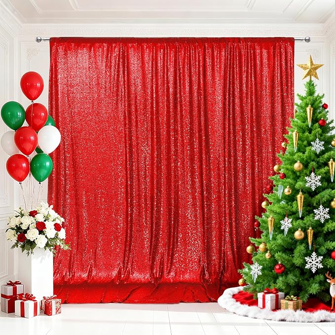 PartyDelight Red Sequin Backdrop 6x6ft Sparkly Photo Curtain | 4 Inch Rod by PartyDelight