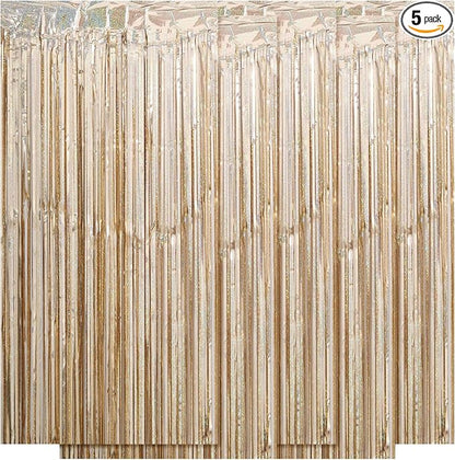 5 Pack Champagne Foil Curtain Backdrop 3.2ft x 9.8ft Metallic Tinsel Foil by Ohiyoo