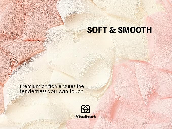 Vitalizart Pink & White Chiffon Silk Ribbon 1" x 21 Yd Handmade Fringe | Frayed - Image 3