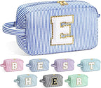 YOOLIFE Bridal Shower Gifts - Bridesmaid Bag, Bridesmaid Proposal Gifts for Wedding Day, Bride to be Gifts, Maid Matron of Honor Gift, Bachelorette Party Favors, Blue Initial Makeup Bag Cosmetic Bag E