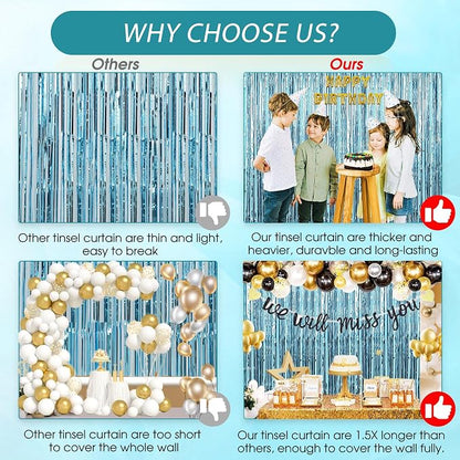 TenLaitech 3 Pack 3.3 x 9.9 ft Light Blue Foil Fringe Backdrop Curtain - Image 3