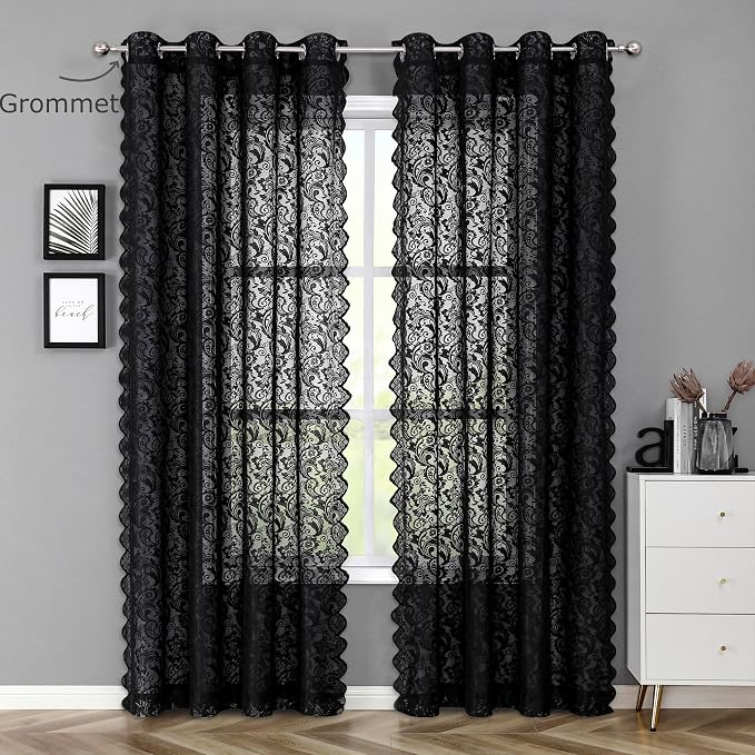 Bujasso Black Sheer Lace Curtains 54 inch Elegant Vintage Floral Short Curtain - Image 8