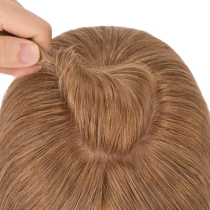 Hairro Human Hair Toppers Free Parted, 3.5x4.7" Base Hand-wovened 100% Real Hairpieces, with Invisible Clips-in for Women, for High Hairline/Adding Volume on Top, 16 Inch Blondish Brown