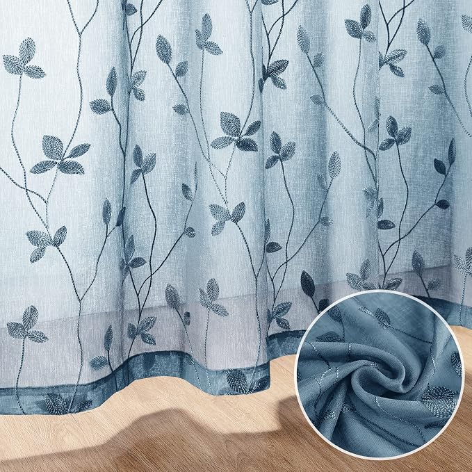 HOMEIDEAS Cyan Blue Sheer Curtains 2 Panels, Embroidered Vine Leaf, W52xL84 | - Image 3