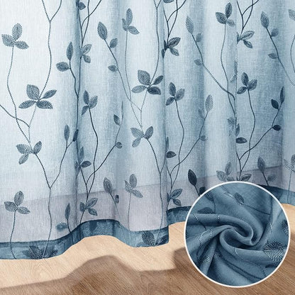 HOMEIDEAS Cyan Blue Sheer Curtains 2 Panels, Embroidered Vine Leaf, W52xL84 | - Image 3