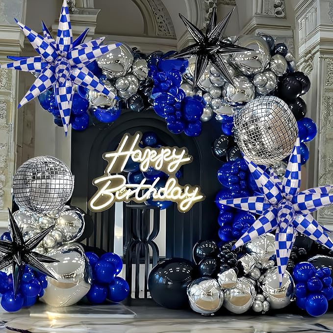 2 * 12 Pcs Blue Silver Iridescent Checkered Star Foil Balloons/Race Car - Image 6