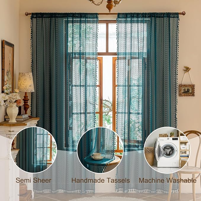 Sutuo Home Boho Lace Teal Curtains 96 inches Long - Image 3