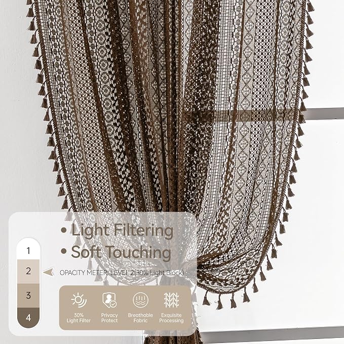 WAZZIO Boho Lace Curtains 84 Inches 2 Panel, Light Filtering Privacy Tassel & - Image 5