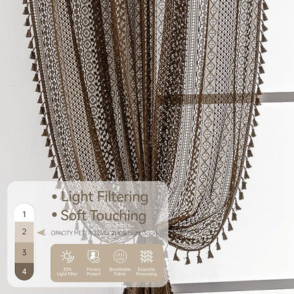 WAZZIO Boho Lace Curtains 84 Inches 2 Panel, Light Filtering Privacy Tassel & - Image 5